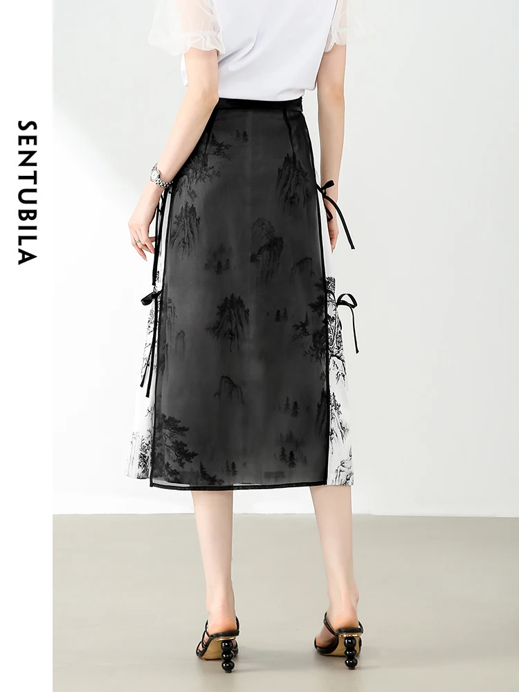 SENTUBILA Women Chinese Ink Printed Skirt 2024 Summer Fashion Patchwork Black Mesh Lace-up Midi Skirt Female Clothing 142Q54524