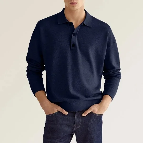 Herren-Poloshirt mit Reverskragen und Knopfleiste, Langarm, Strick, locker sitzend, einfarbig, lässig, für den Alltag, Pendler-Pullover – Detail 8