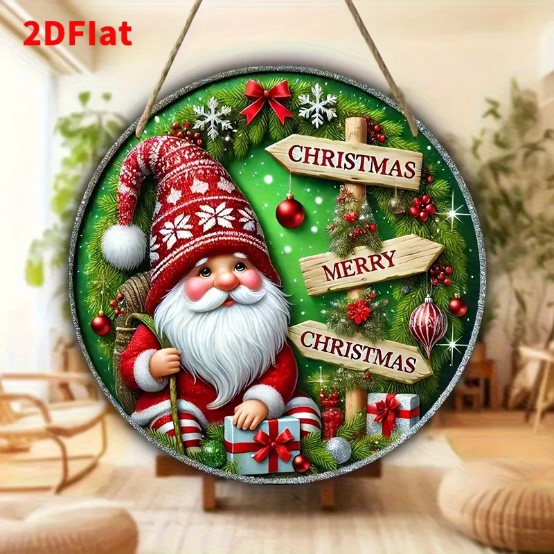 2D Flat, 1pc Festive Gnome Christmas Wooden Sign - 8.0 X 8.0inch Round Shape, No Power Needed, Easy-To-Hang Jute Rope Design - P