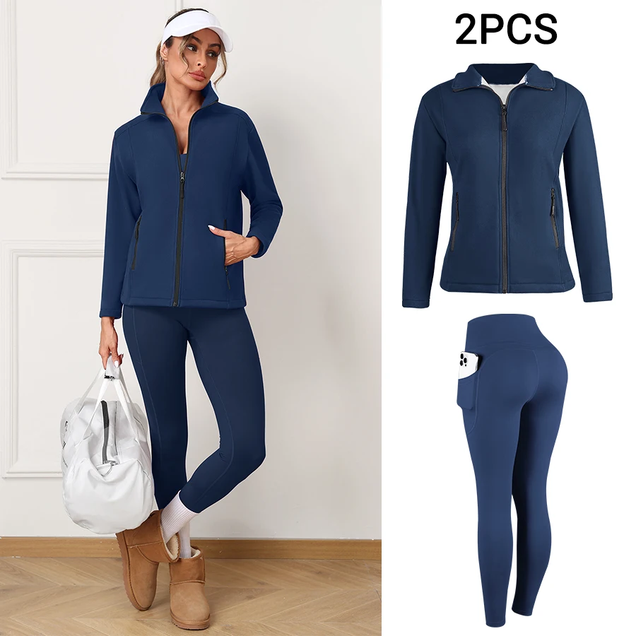 Women's Autumn Winter Yoga Set with Pockets 2PCS Sports Set Fleece Fintness Coat Non-fleece-lined Butt Lifting Workout Legging