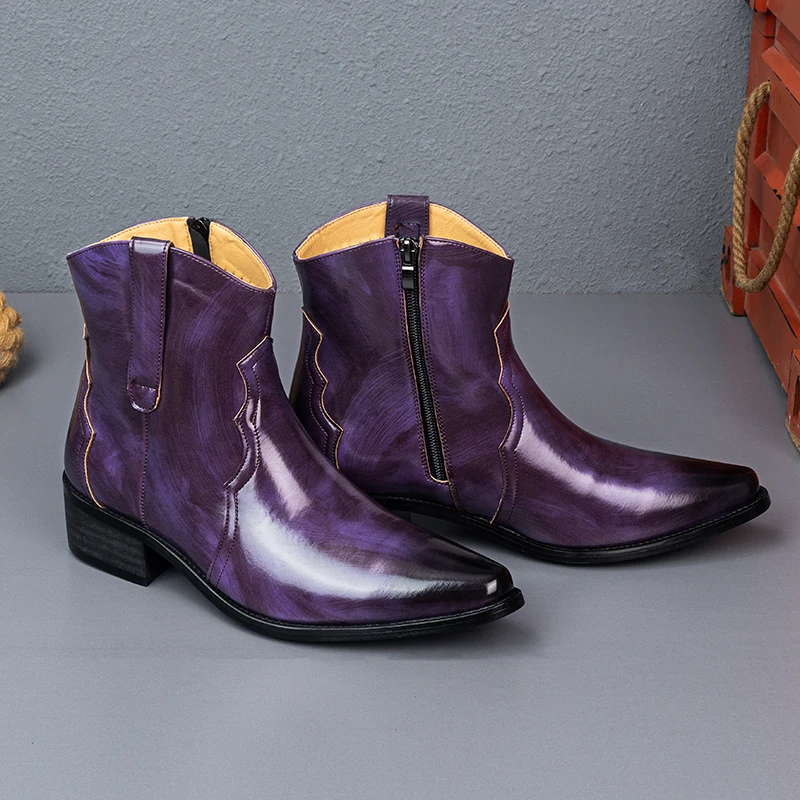 

Men Business Pointed Toe High Heel Chelsea Boots Purple Beige Side Zipper Leather Shoes Autumn Winter Height Increase Boots