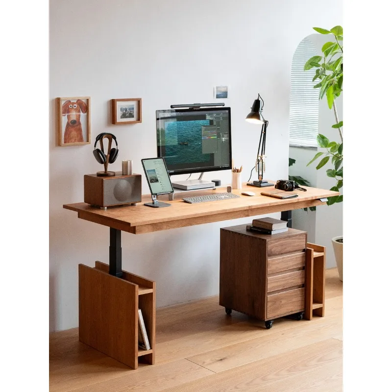 

Lifting table double electric, solid wood home computer workbench log desk