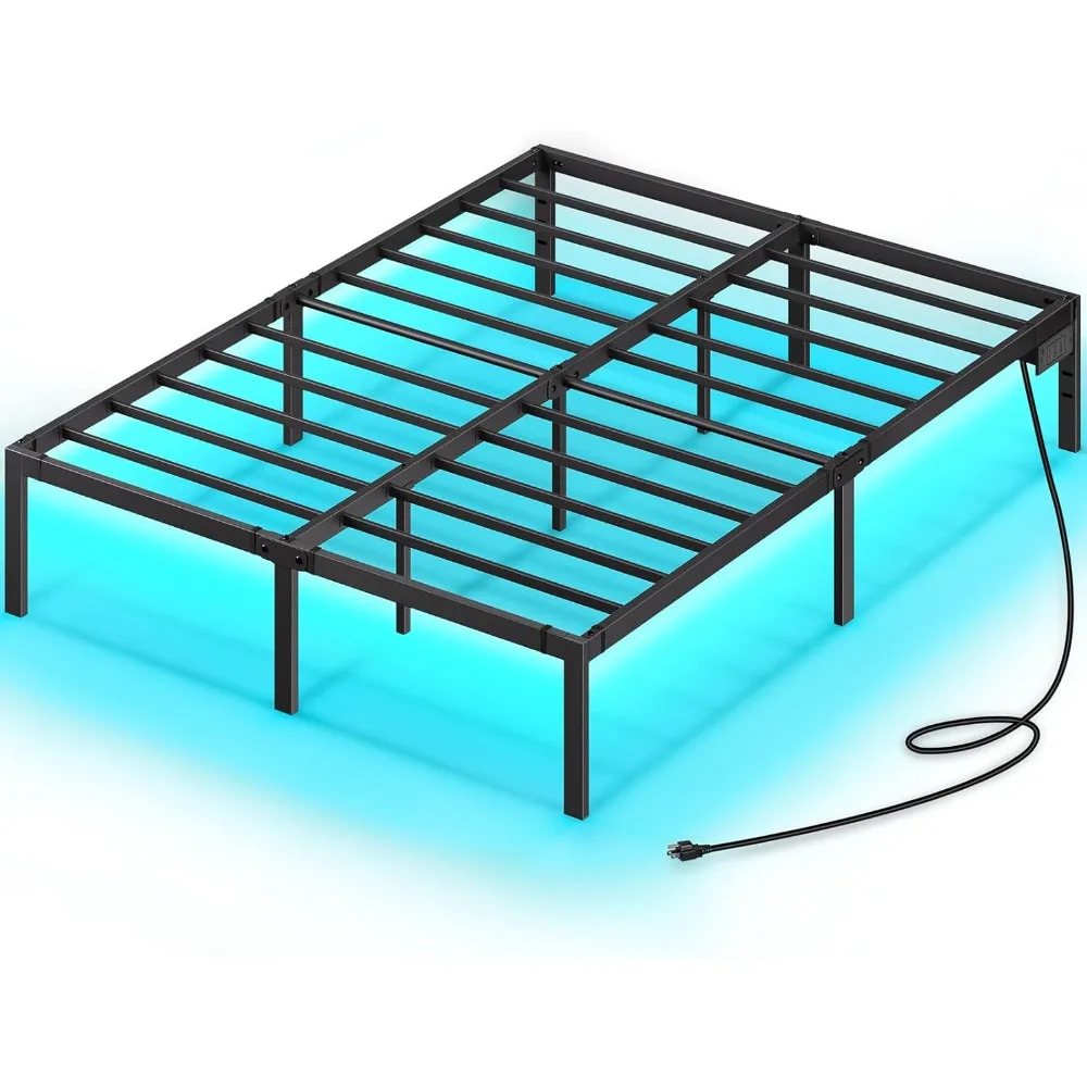 

Bed Frame with USB Charging Station, Full/Queen Bed Frame with LED Lights, Platform Bed Frame with Heavy Duty Steel Slats