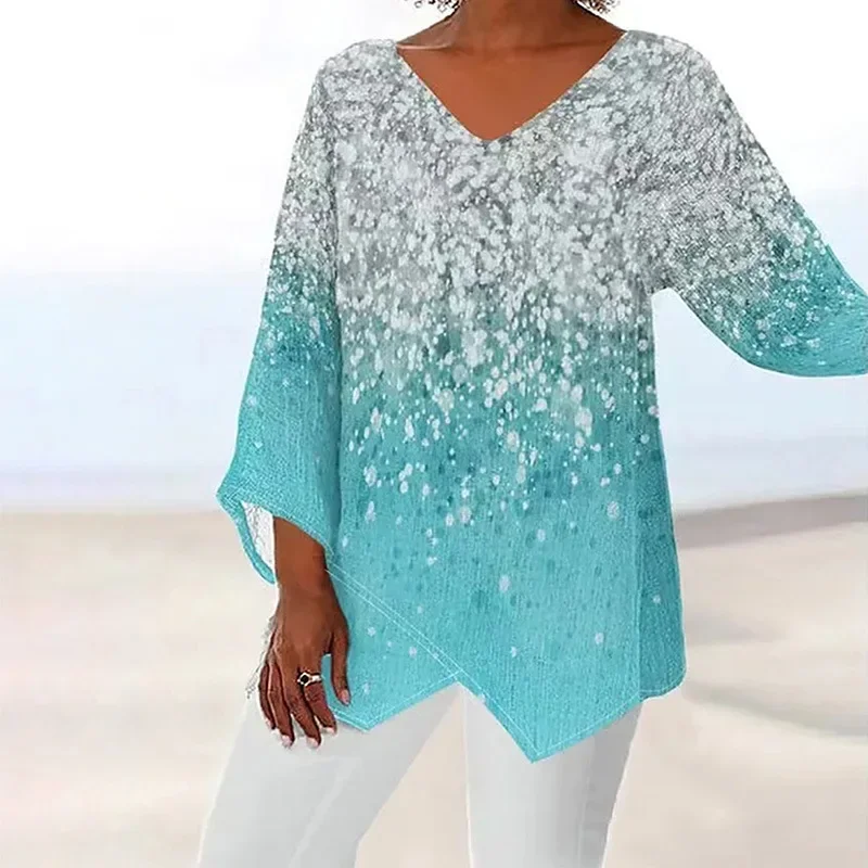 European and American women's 2024 spring new T-shirt casual loose irregular printed long sleeved V-neck top women YBF24-3