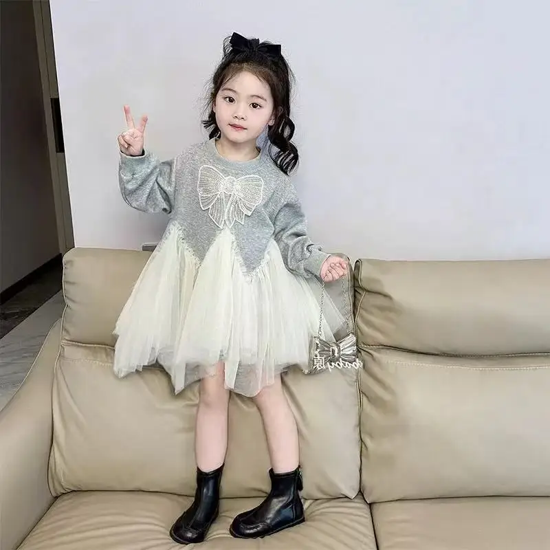 

XED-Girls' Spring Dress2025New Style Children's Fashionable Princess Dress Baby Mesh Patchwork Sweatshirt Dress for Spring and A