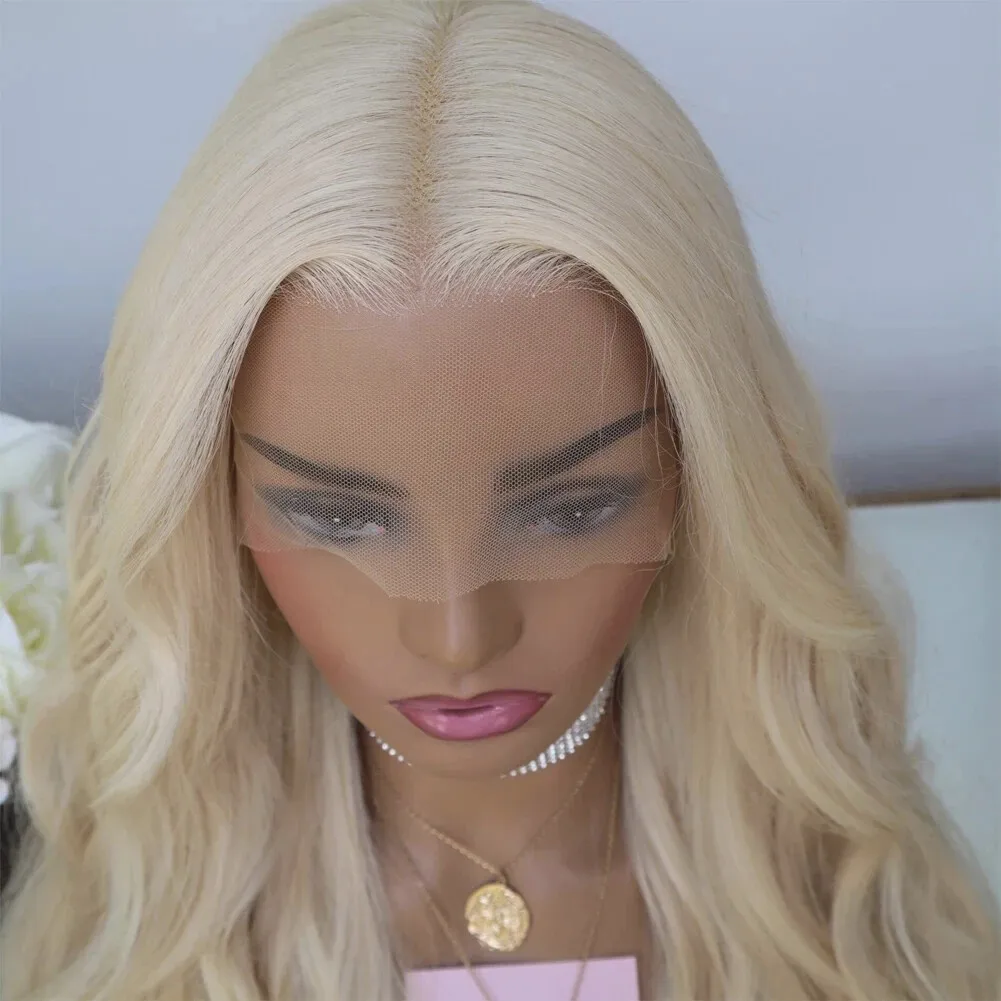

Pre Plucked Long Wavy Heat Resistant Hair Women Glue Less Lace Front Wig Blonde