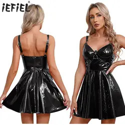 Womens Patent Leather Slip Latex Dress A-line Back Zipper Closure Mini Dress with O-Ring Rivets Wet Look Gothic Punk Clubwear