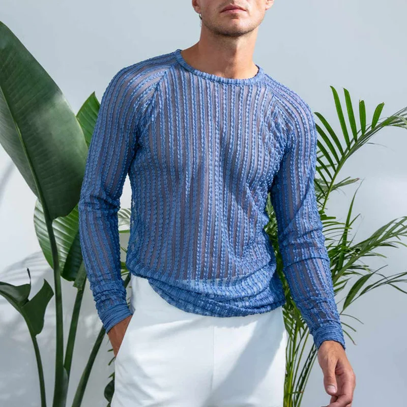 

Autumn texture and striped design niche loose long-sleeved T-shirt men's round neck base shirt top