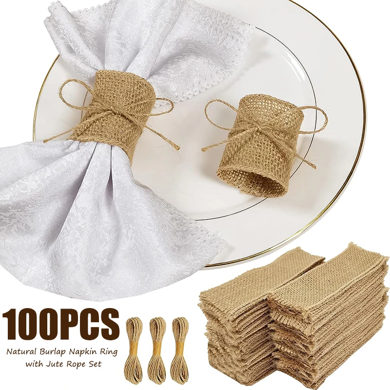 

100pcs Natural Burlap Napkin Ring with Jute Rope Set Disposable Napkin Band Bulk Table Decor Wedding Dinner Country Party Decor