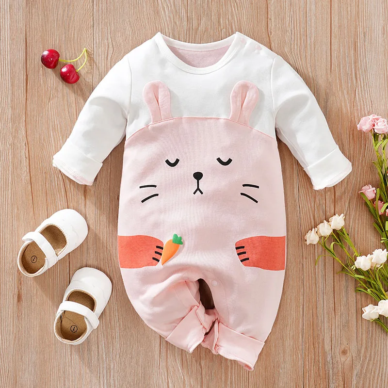 Spring and Autumn Boys and Girls Cartoon Rabbit Splice Design Pattern Cotton Long Sleeve Baby Clothing Bodysuit