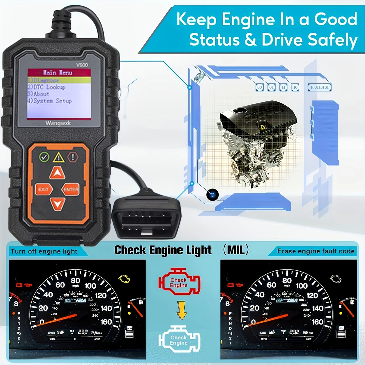 Engine Battery O2 Sensor EOBD OBD 2 Scanner Fault Code Clear Digital Display OBD2 Code Reader Car Diagnostic Tools V600