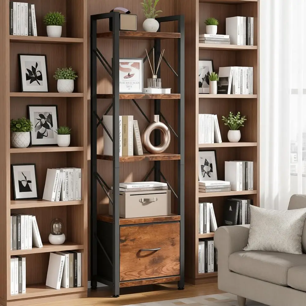 

5-Tier Tall Bookshelf Storage Organizer for Home and Office, Rustic Brown