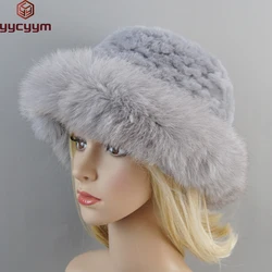 New Style Luxury Knitted Real Genuine Fox Fur Hats Women Beanies Solid Rex Rabbit Fur Caps Winter Lady Fashion Fur Skullies Hat