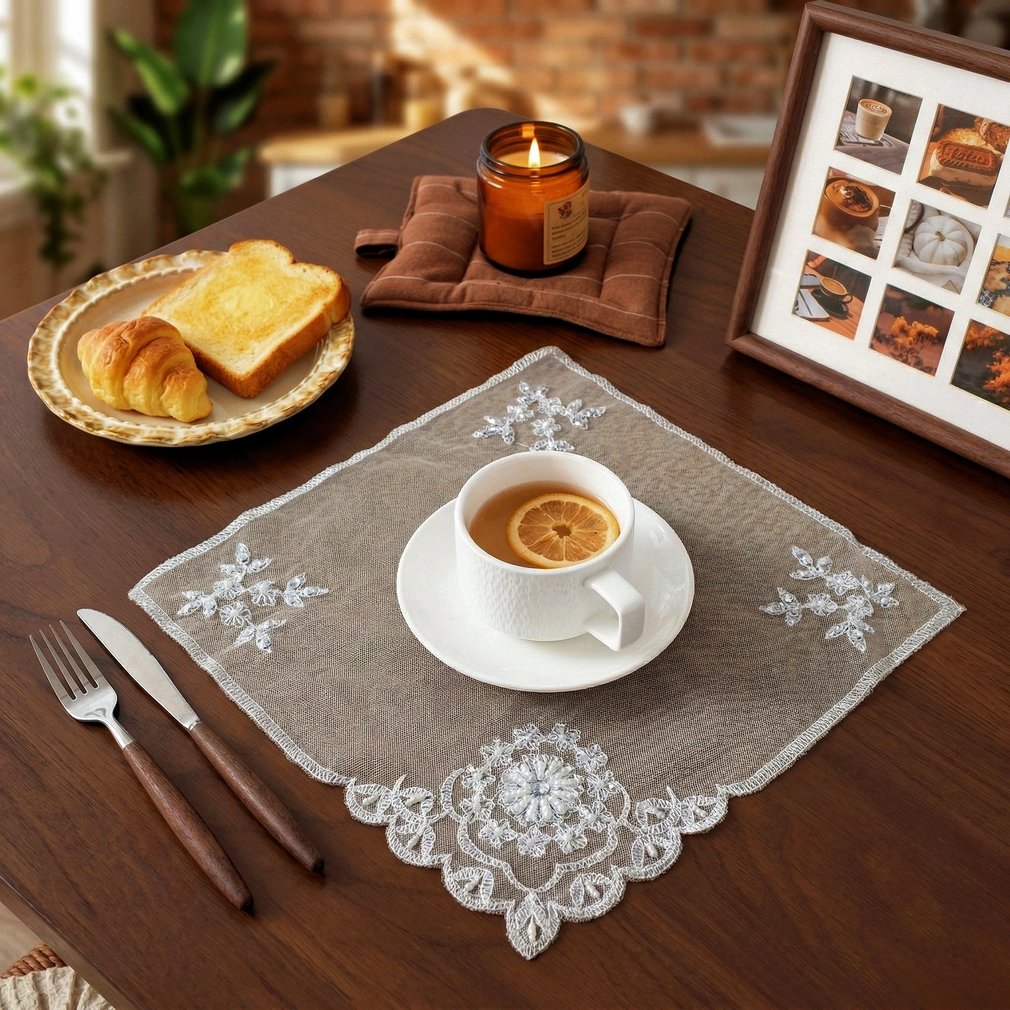 4pcs Square Placemat Independent Breakfast Mat Lace Napkin Wedding Placemat Set Cloth Glass Coaster Wedding Decoration Reception