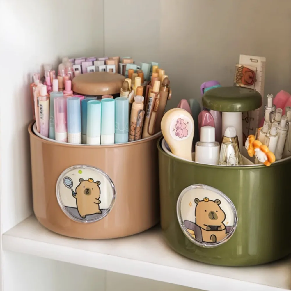 Portalápices giratorio Capybara de 4 patrones, caja de almacenamiento de escritorio de gran capacidad con 4 rejillas, plástico bonito