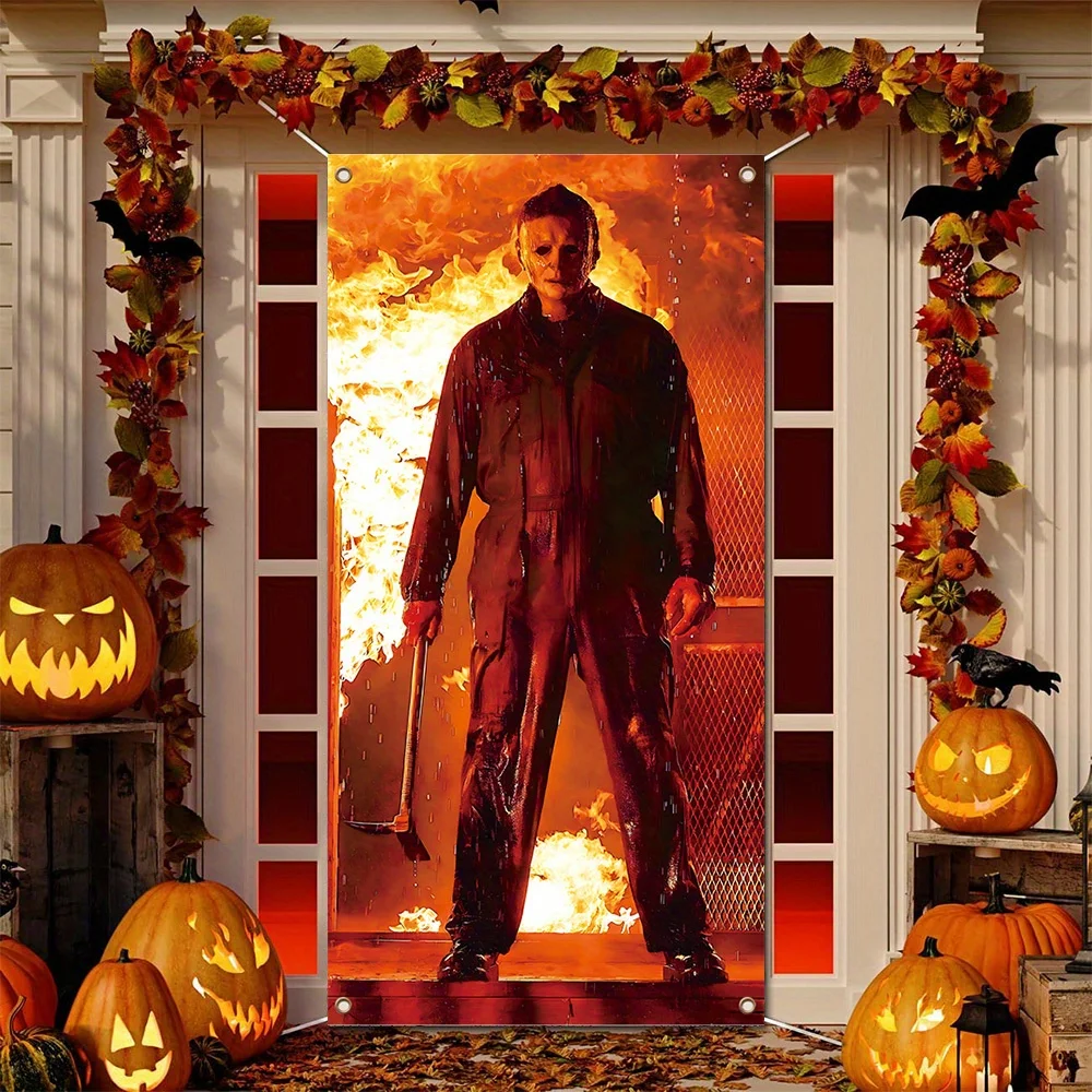 

VIKAMA Halloween Door Cover Decorative Horror Tapestry Flaming Background Doorway Decoration Thriller Gods