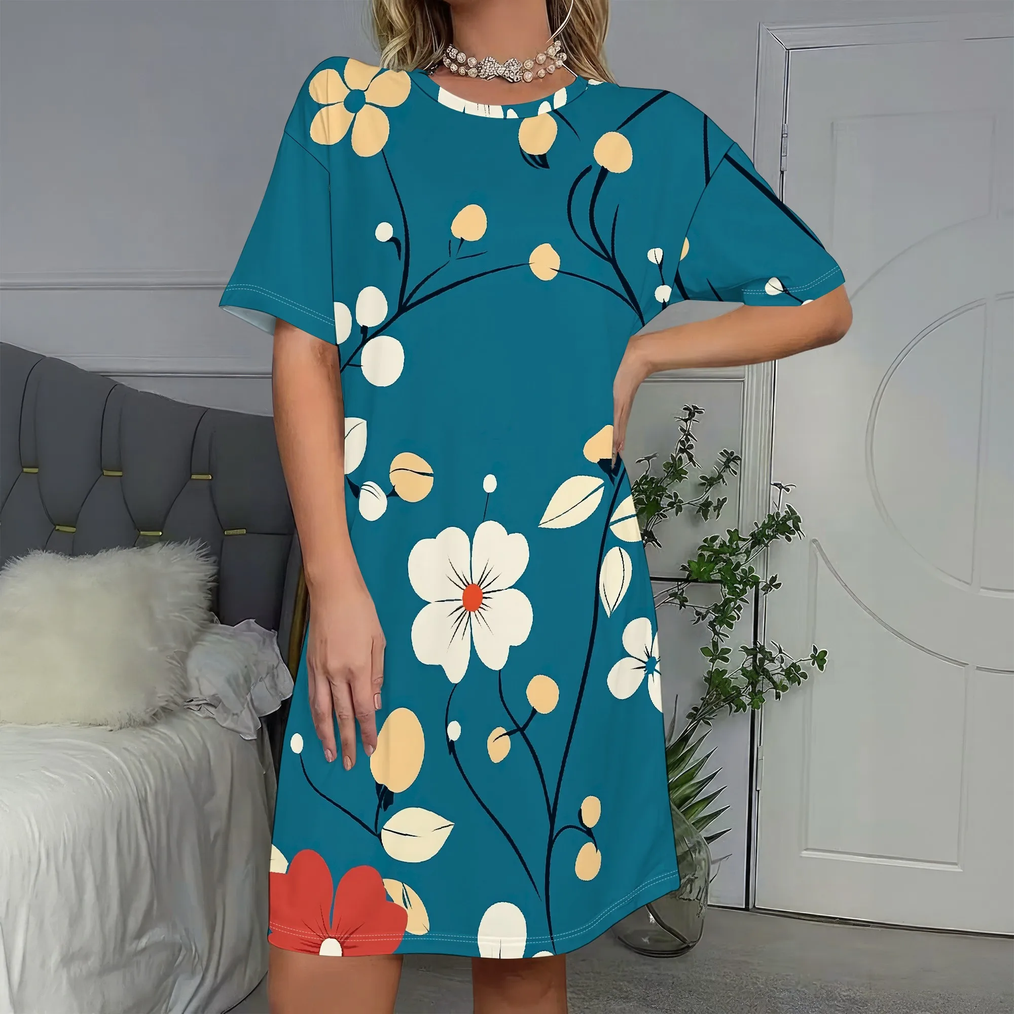 

Floral Print, Short Sleeve Dress, Teal Blue, Boho Style, Casual Wear, Women's Fashion, S-2XL