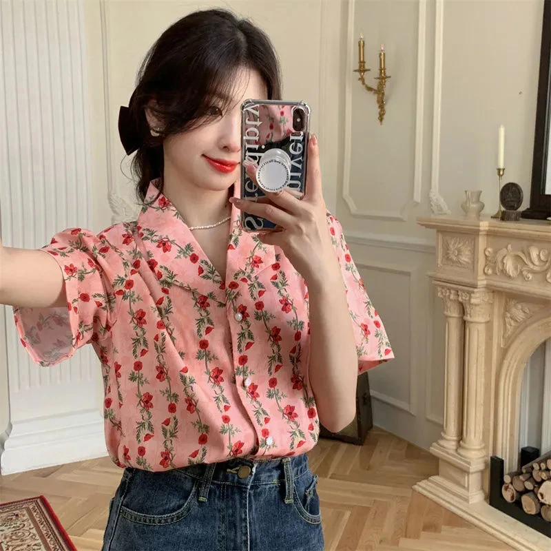 Vintage Shirts Women Sweet Elegant Floral Print Blouses Summer Retro Streetwear Harajuku Korean Loose Casual Cardigan Tops New