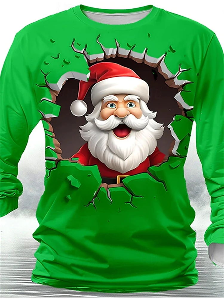 New Fun Christmas Long Sleeve T-Shirt Santa Claus Pattern Sweatshirt Men Role Play Pullover Boys Round Neck Polyester Sweatshirt