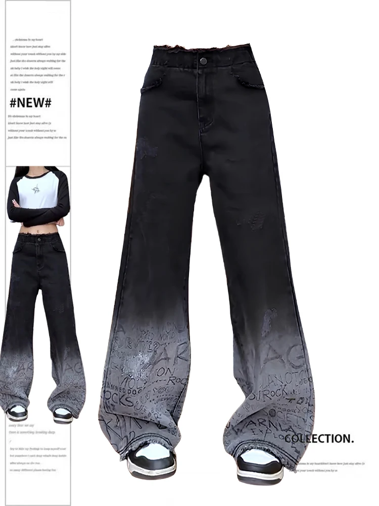 

Women 90s Vintage Black Gothic Oversize Jeans Y2k Gradient Print Wide Denim Trousers Harajuku Baggy Jean Pants Emo 2000s Clothes