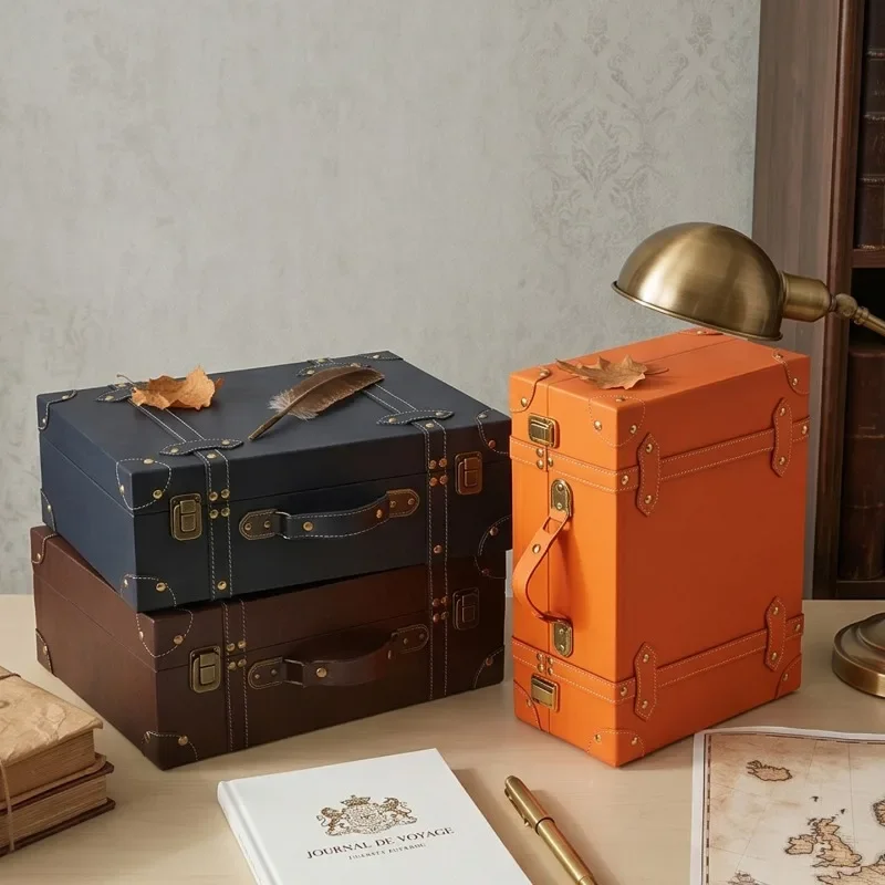 1Pc Retro European Wooden Handheld Storage Box Luxury Leather Suitcase Display Prop Box Family Storage Tools Photography Props