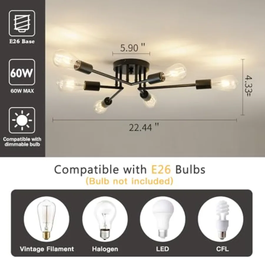 6-Lights Semi Flush Mount Ceiling Light Fixture Modern Metal Sputnik Chandeliers with E26 Bulb Base Close to Ceiling Light for
