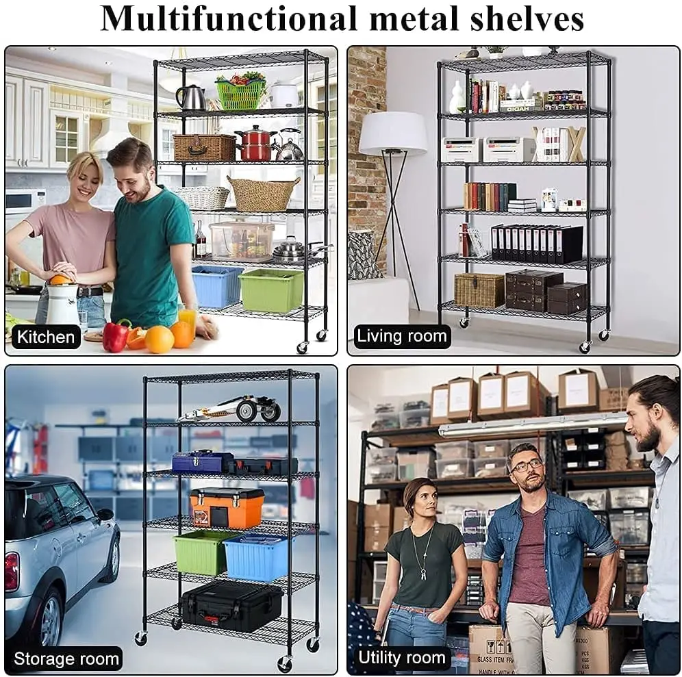 Wheels 6 Tier 2100lbs 48in L×18in W×82in H Storage Shelves Height Adjustable NSF Heavy Duty Steel Shelf Movable for Kitchen