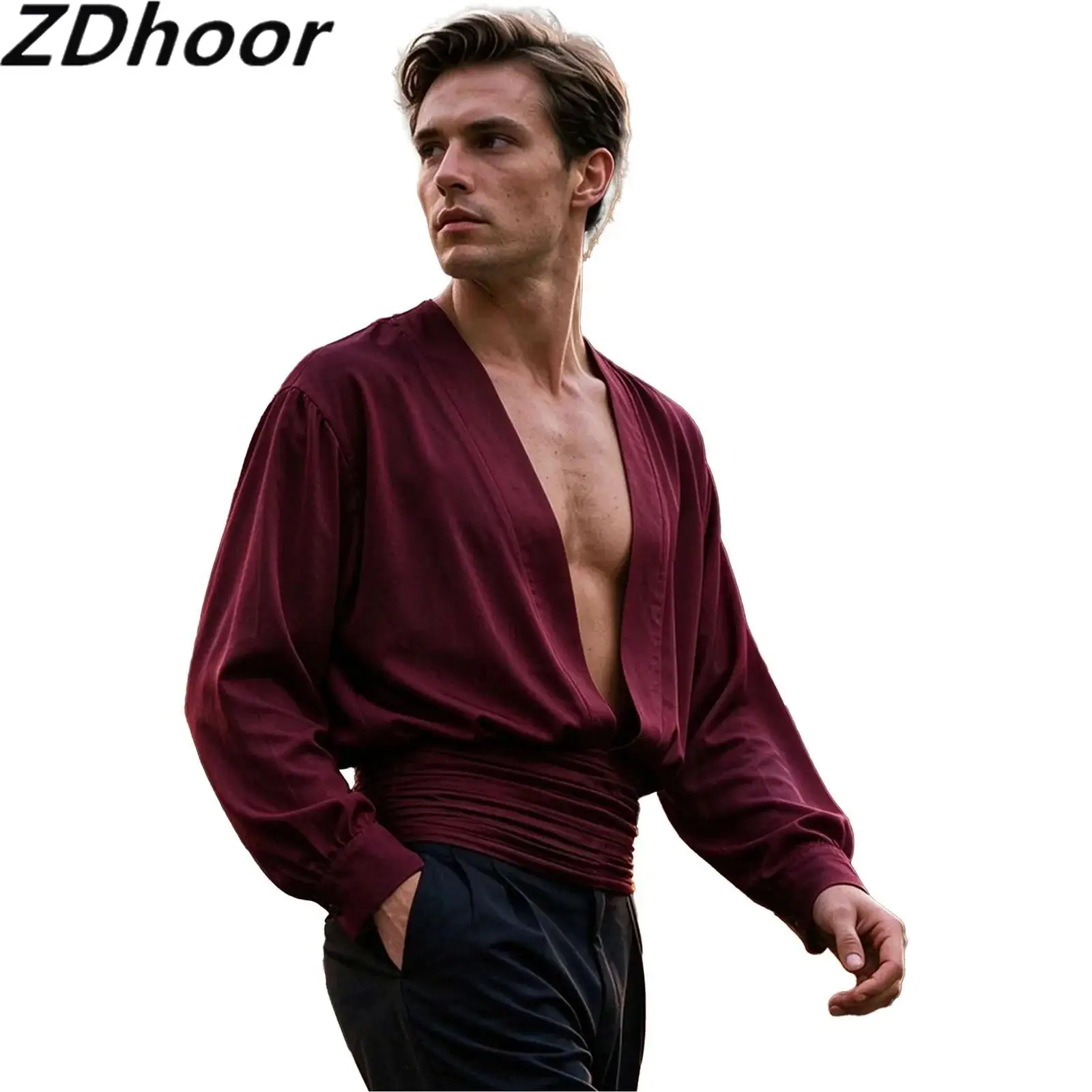 Men Pleated Waist Satin Shirt Deep V Neck Long Sleeve Zipper Back Tops for Party Club Music Festivals Concert Stage Performance
