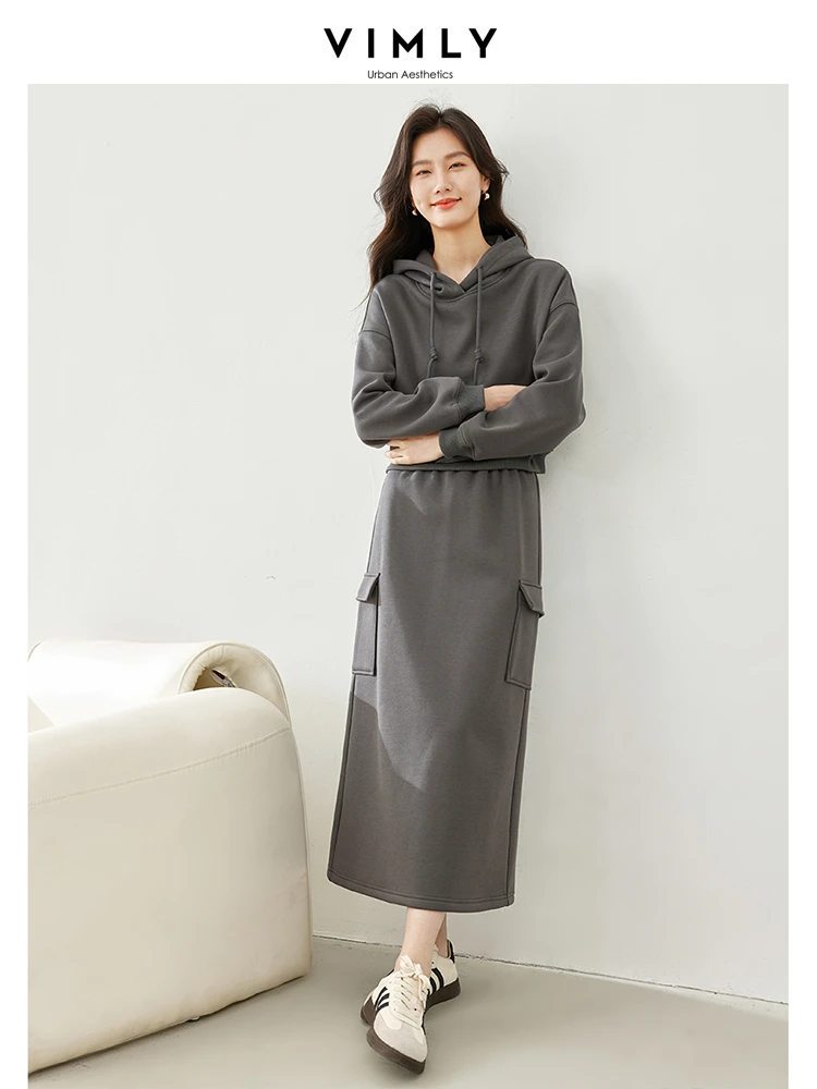 VIMLY Solid Hooded Sweater Sports Style Suit Autumn/Winter Thick Warm Casual Hooded Sweatshirts+Split Skirt With Pockets M3970