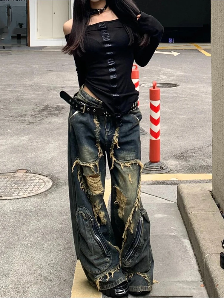 Women's Blue Cargo Ripped Pants Baggy Streetwear Aesthetic Harajuku Japanese 2000s Style Y2k Emo Pants Vintage Trousers Clothes