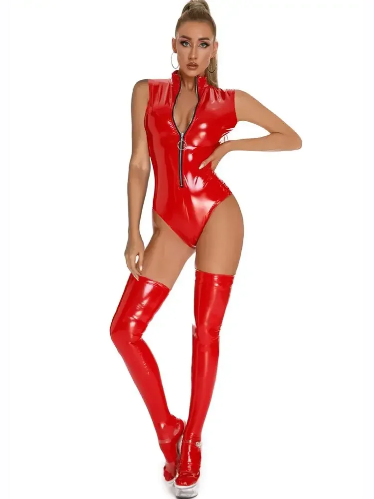 ملابس سباحة PVC بدون أكمام ذات مظهر رطب لامعة من جلد البولي يوريثان وسحّاب ملابس ضيقة كوسبلاي Sukumizu بيكيني ملابس علوية مثيرة للنوادي الدمى