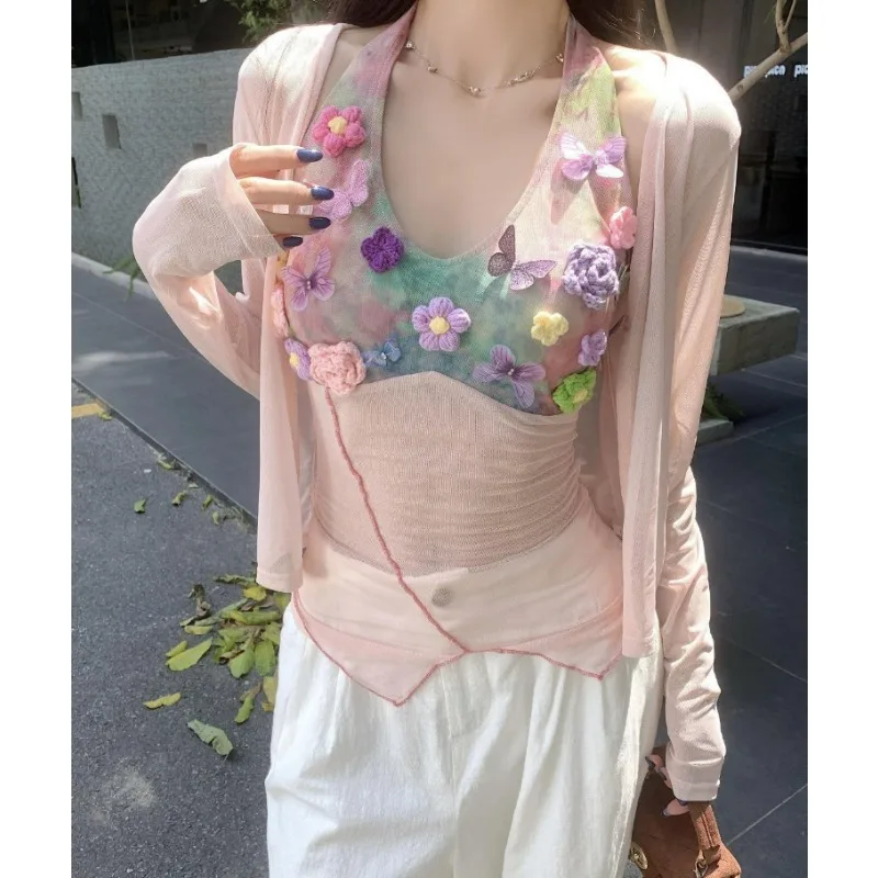 New Pure Desire Set Sexy Thin Cardigan Jacket Women's Autumn Three-dimensional Flower Halter-neck Vest Two-piece Set Fashion