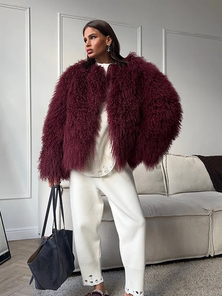 Chic Wine Red Warm Furry Faux Fur Coats For Women Fashion Lapel Long Sleeve Loose Jacket Coat Autumn Winter New Lady Streetwear