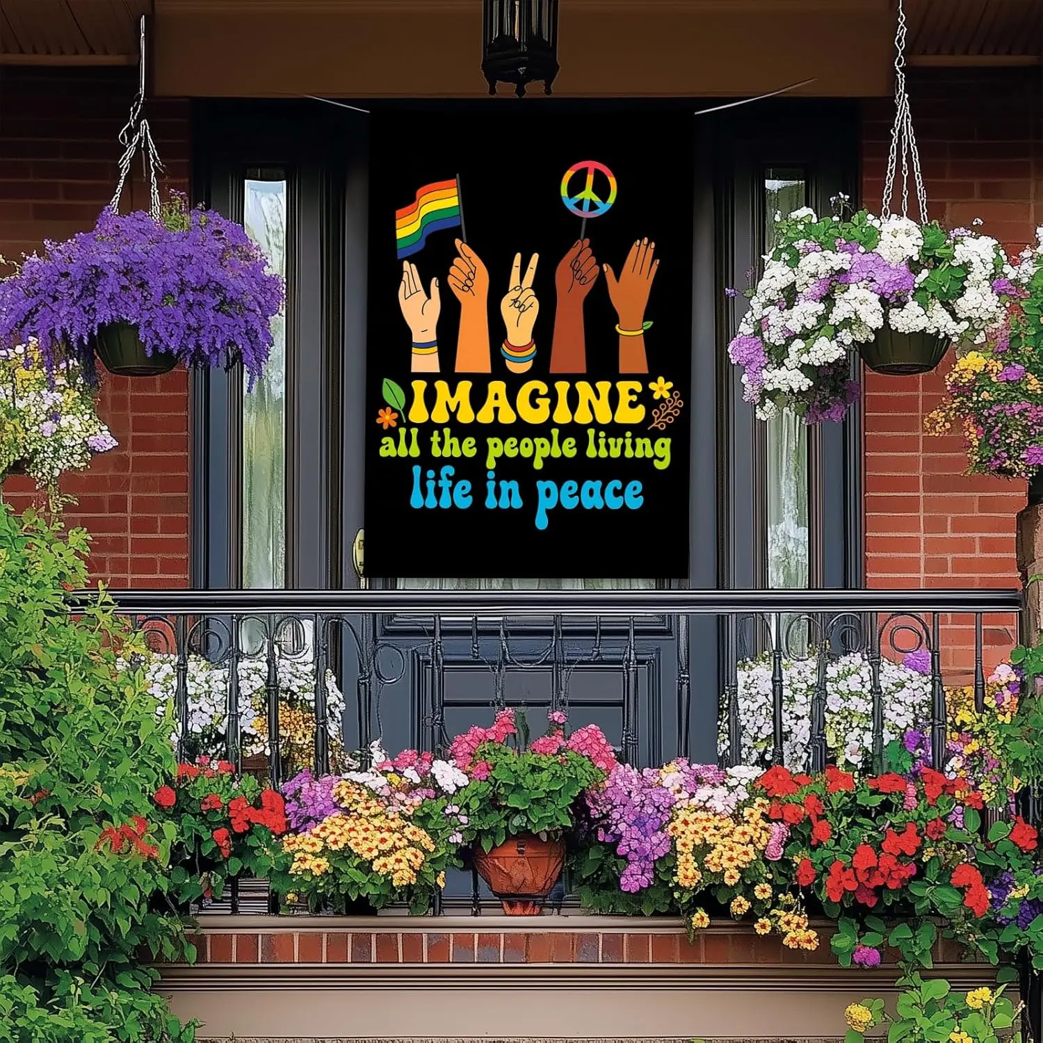 House Flag 28x40 Inch Double Sided Garden Flag with Peace Symbol Rainbow Hands and Quote Design for Summer Yard Banner Porch hhz