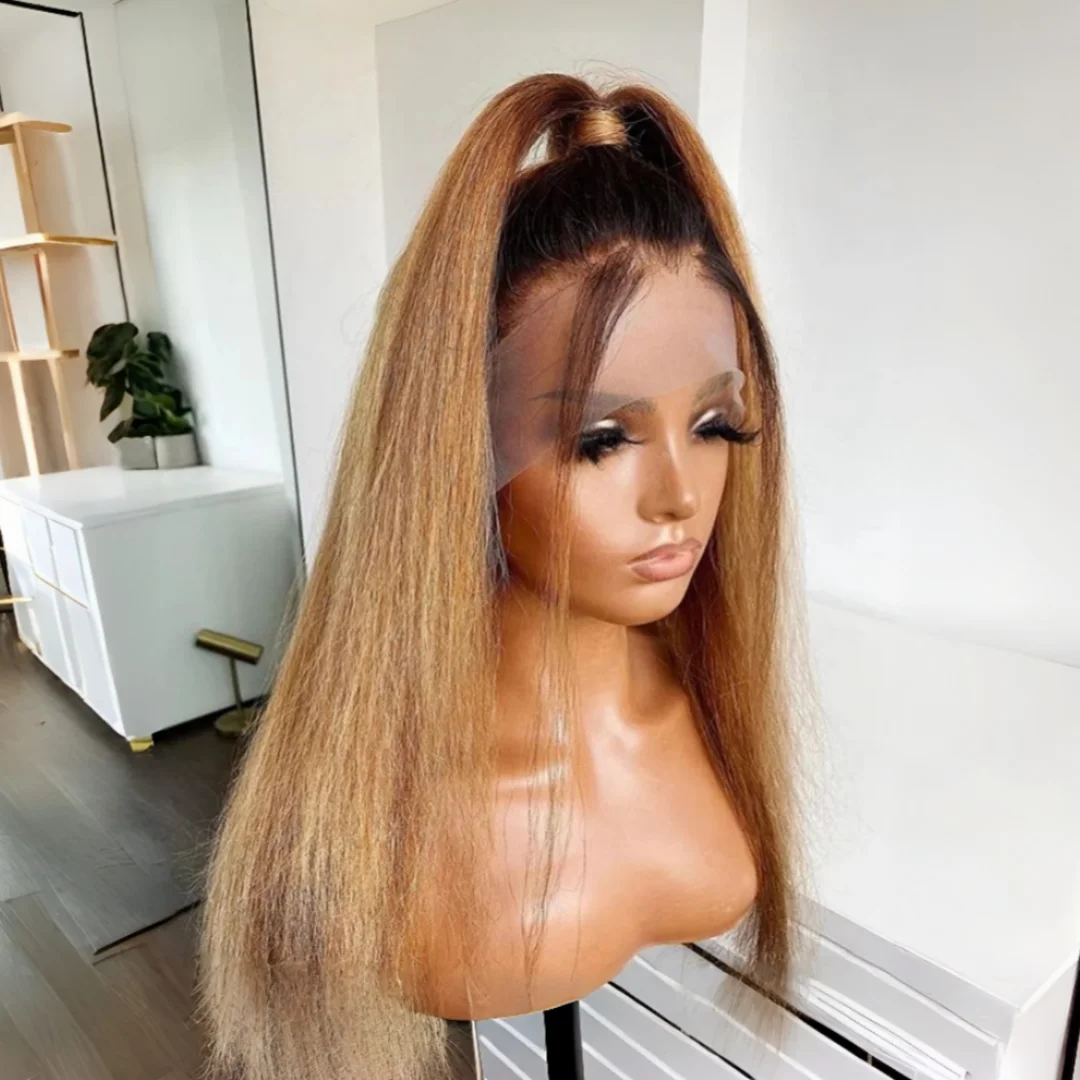 Natural Ombre Blond Soft 28Inch Long Glueless Kinky Straight Yaki Lace Front Wig For Women With Baby Hair Preplucked Daily