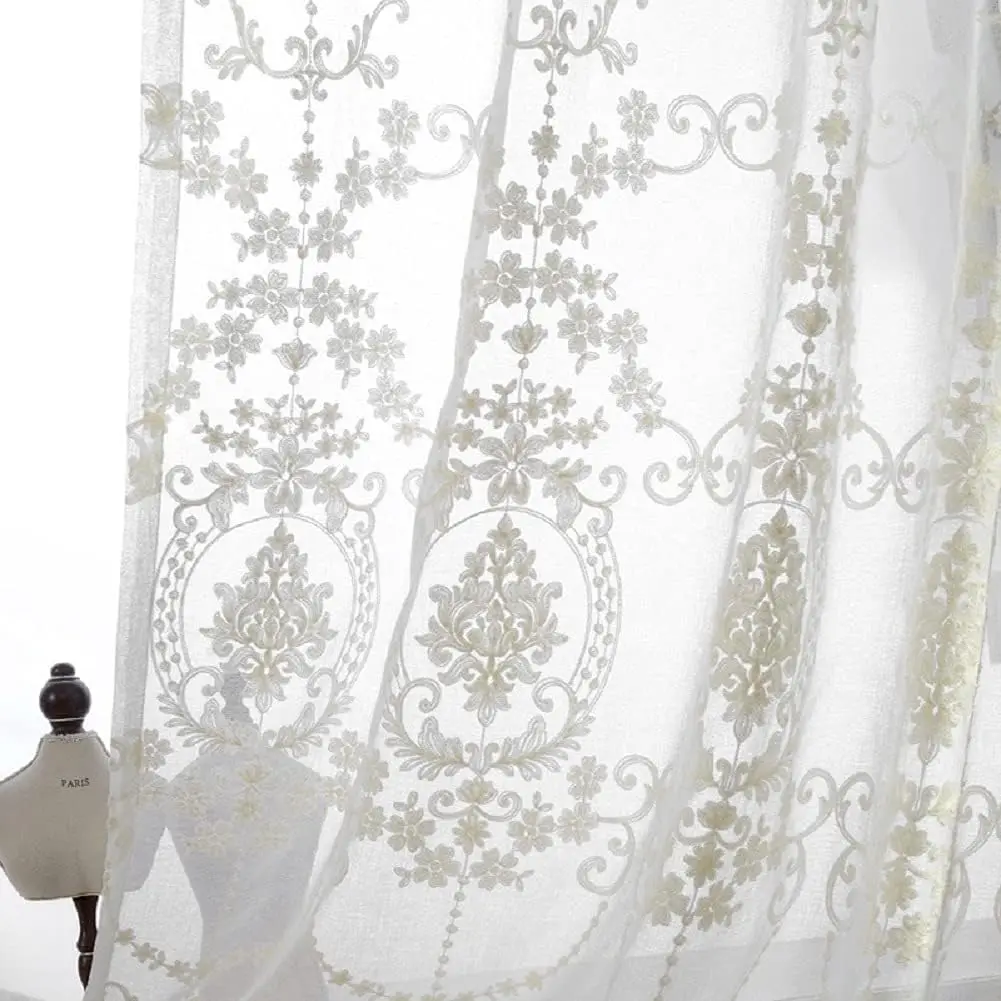White European Sheer Voile Curtains Drapes Floral Embroidered Design Rod Pocket Top for Living Dining
