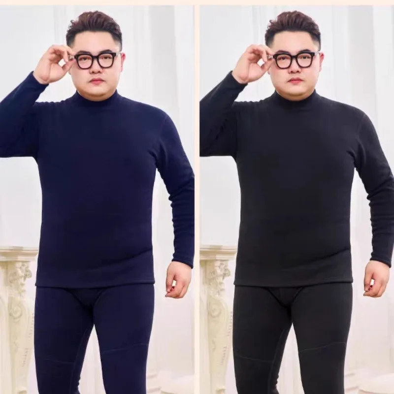 2 قطعة الرجال الشتاء سماكة المخملية ملابس اخلية حرارية حجم كبير بلايز السراويل نصف عالية طوق بأكمام طويلة تي شيرت البلوفرات الدافئة #3