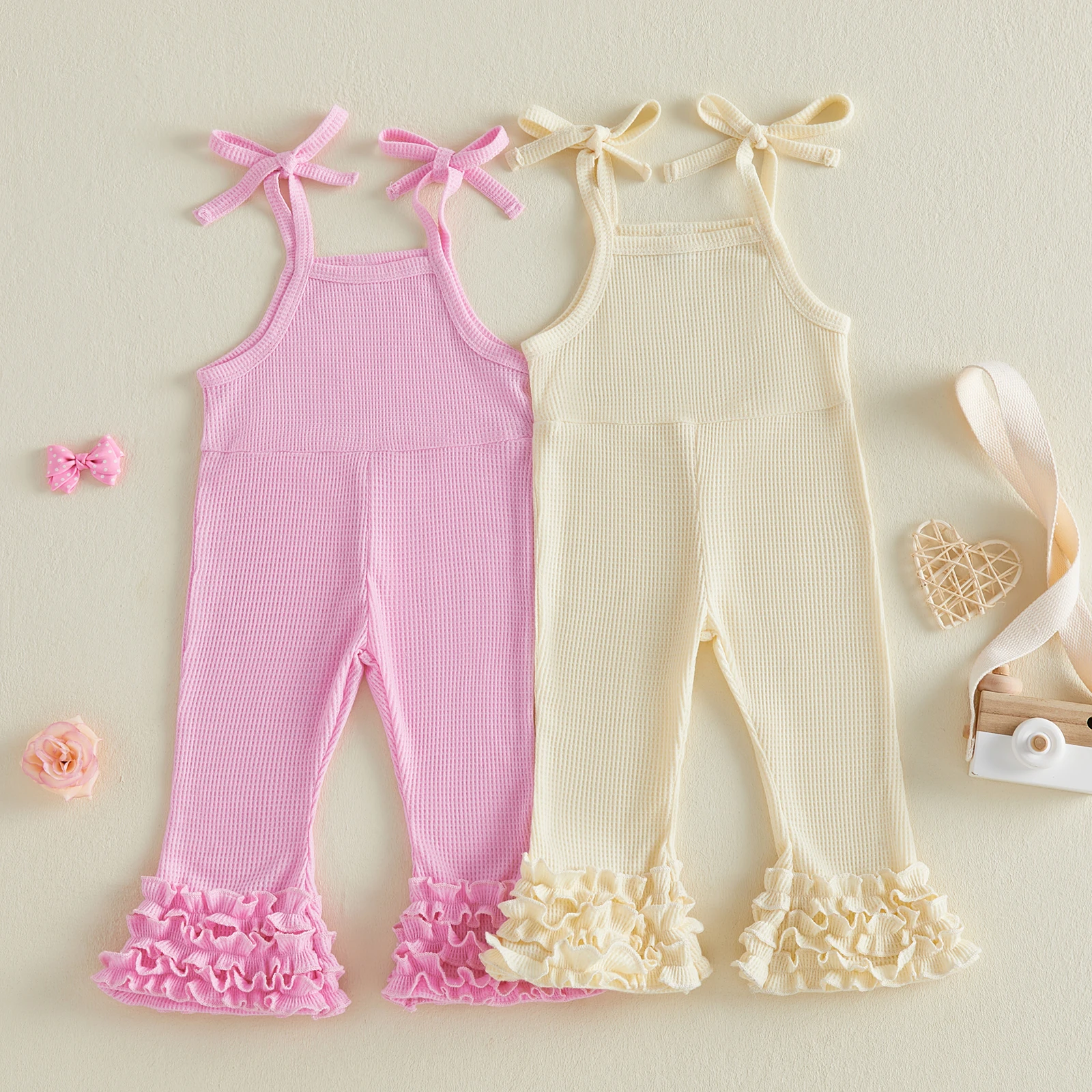 0-4Y Toddler Girls Solid Color Jumpsuits Tie-up Straps Layered Ruffle Bell Bottoms Romper Kids Overalls 2026 Summer Casual