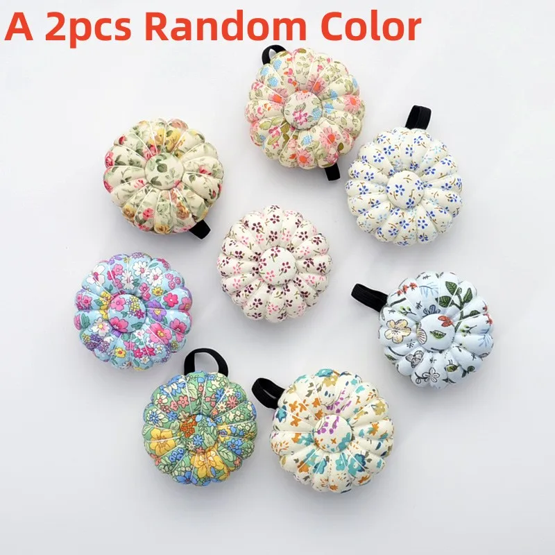 2X Color Random Wooden Bottom Pin Cushion Magnetic Wrist Pumpkin Pin Bag Sewing Bag Needle Pillow Handmade DIY Cross Stitch Tool