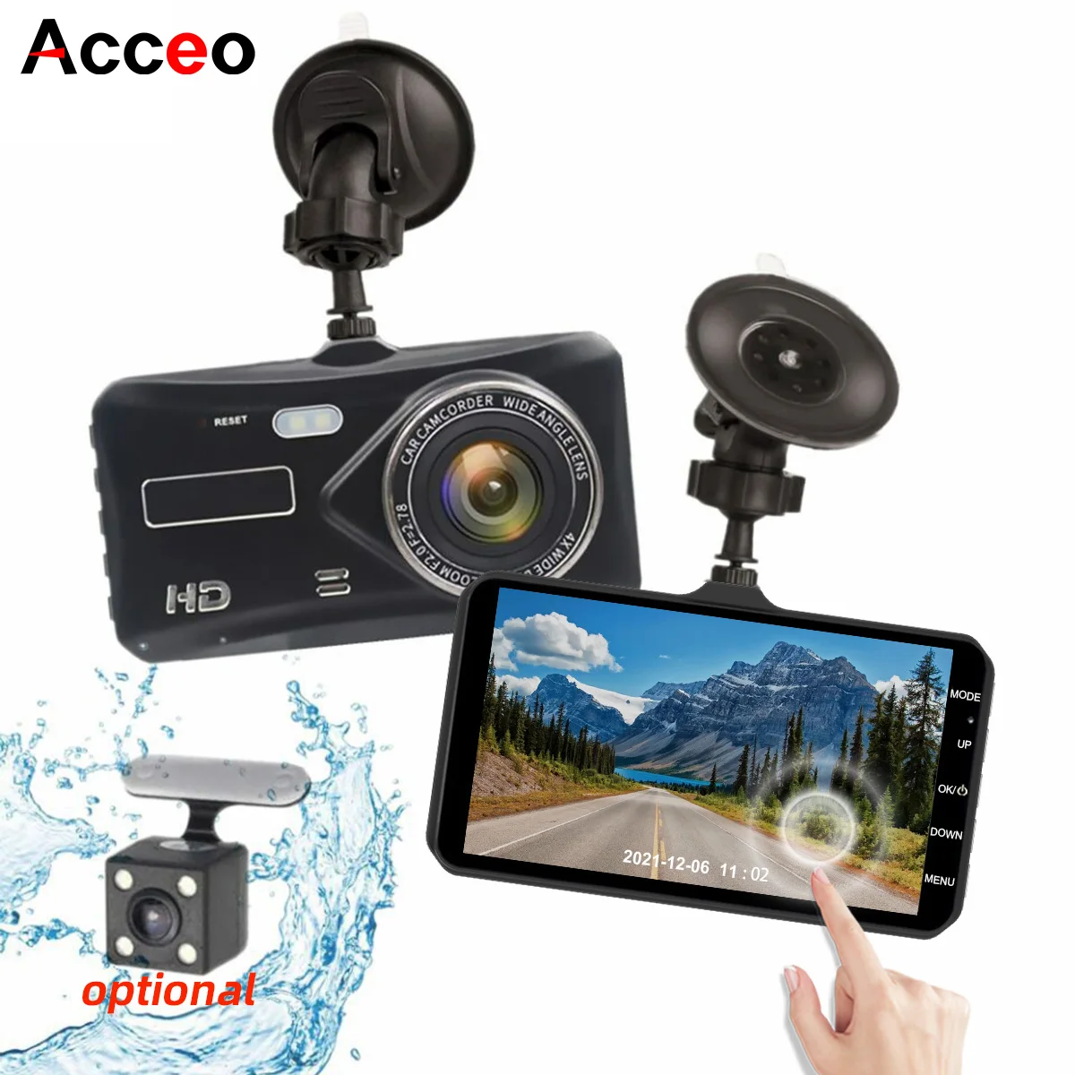 Câmera Veicular Acceo HD 1080P com Suporte para Lentes Duplas Frontal e Traseira, Sensor de Visão Noturna, Monitor de Estacionamento e Gravação em Loop