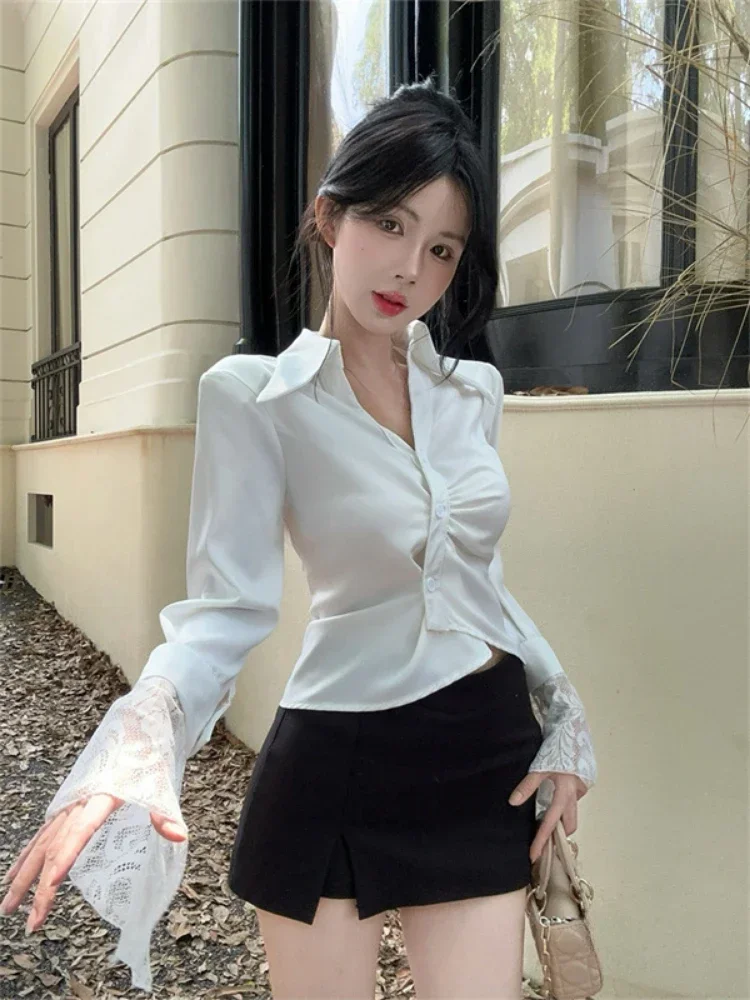 

Office Lady Blouse 2025 Blusas Mujer De Moda Lace Patchwork Flare Sleeve Fashion Shirts Crop Tops Korean Slim Pleated Blouses