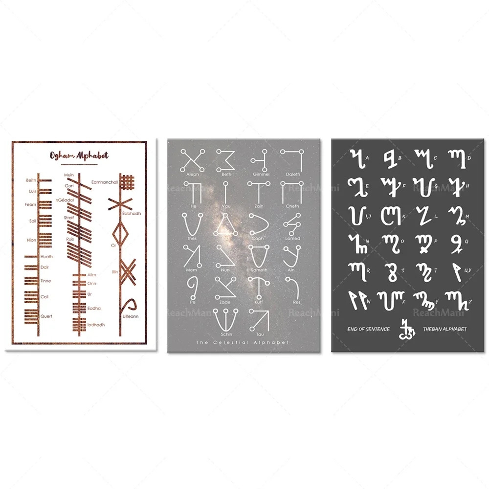 Impresión de letras Ogham, impresión de letras Theban, impresión de letras celestiales, pintura en lienzo, decoración, mural pagano, regalo de bruja pos
