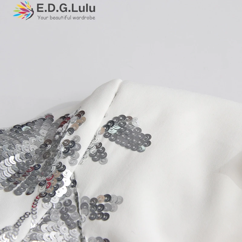 EDGLuLu 고품질 레드 스팽글 패치 워크 짧은 정장 재킷 + 하이 웨이스트 레이스 패치 워크 롱 스커트 여성용 두 조각 세트 0902
