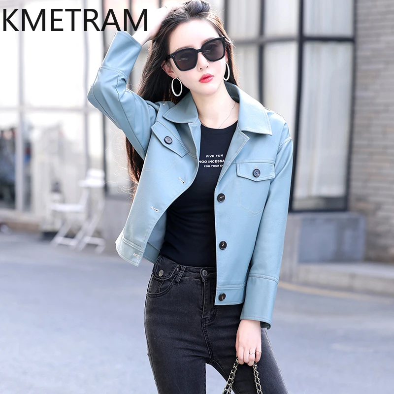 Kmetram echte Schaffell Lederjacke Frauen Frühling Herbst kurze Damen bekleidung dünne Motorrad Damen mantel 2024 Slim Fit