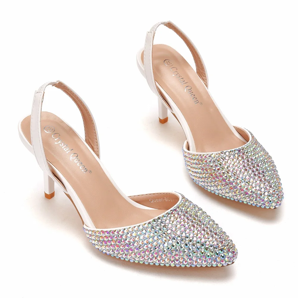 Fashion Pointed Toe Pumps Sandals Elegant Rhinestone PU 7.5CM Thin Heels Back Strap Slingback Casual Woman Shoes Dress White