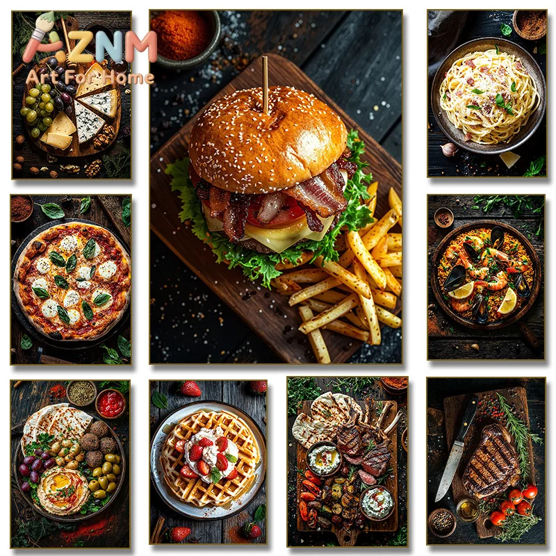 Cheese Wine Board Grilled Steak Rosemary Cake Spaghetti Cheeseburger with Fries Poster Food Diamond Painting Print Kitchen De