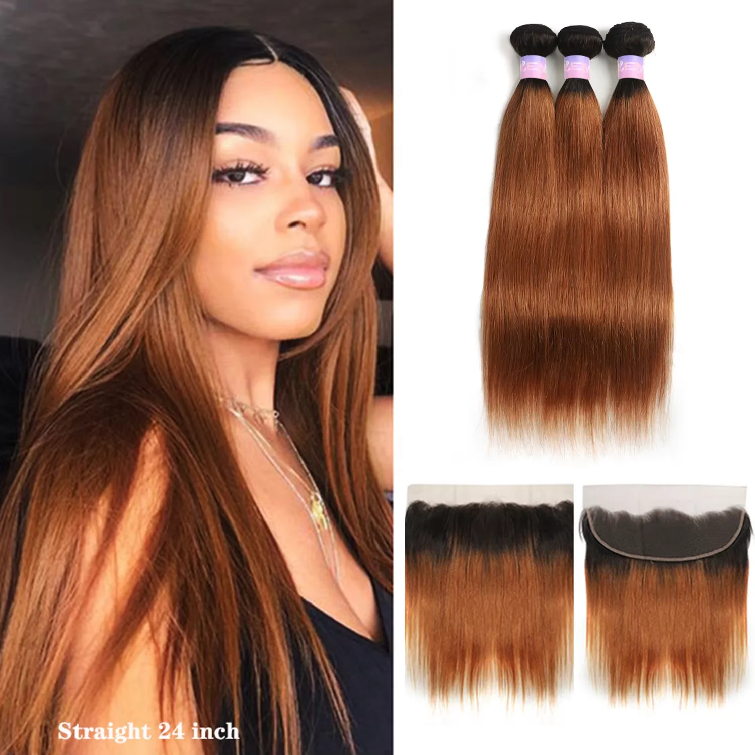 Tissage en Lot Brésilien Naturel Remy avec Lace Closure, Cheveux Lisses, Brun Ombré T1B/30, 3 Lots