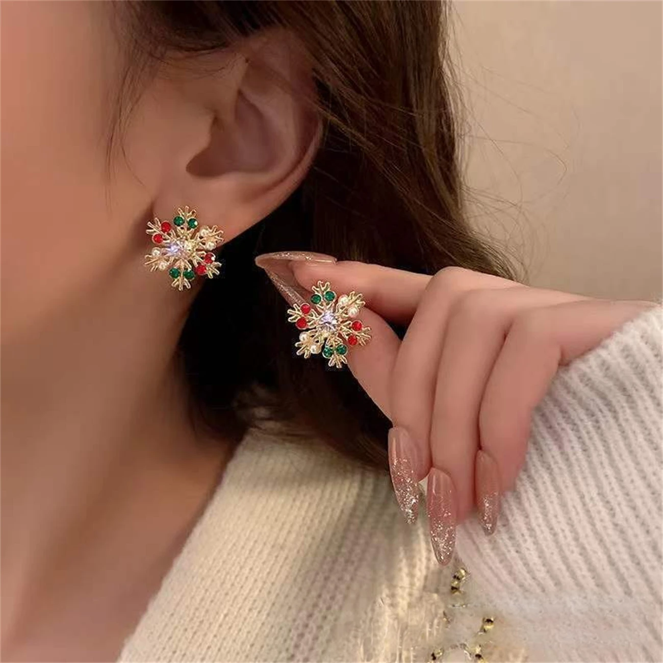 Korean Colorful Pearl Zircon Snowflake Earrings Delicate Shiny Bow Xmas Stud Earring For Women Christmas Jewelry New Year Gifts