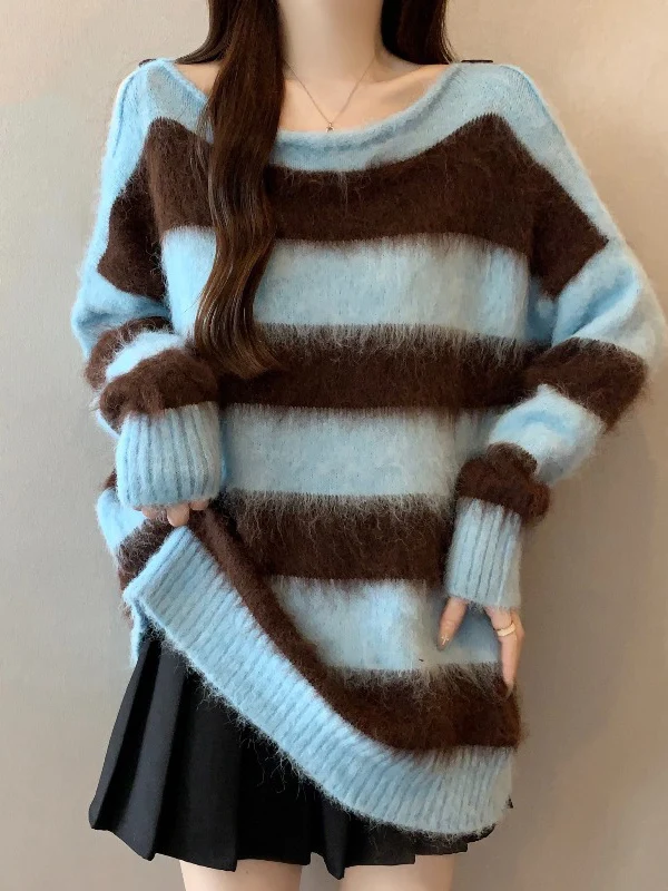 

Blue Striped Merino Wool Sweater Women's Shoulder Length Knitted Top plus Size Mid-Length Commute Style Winter Fashion