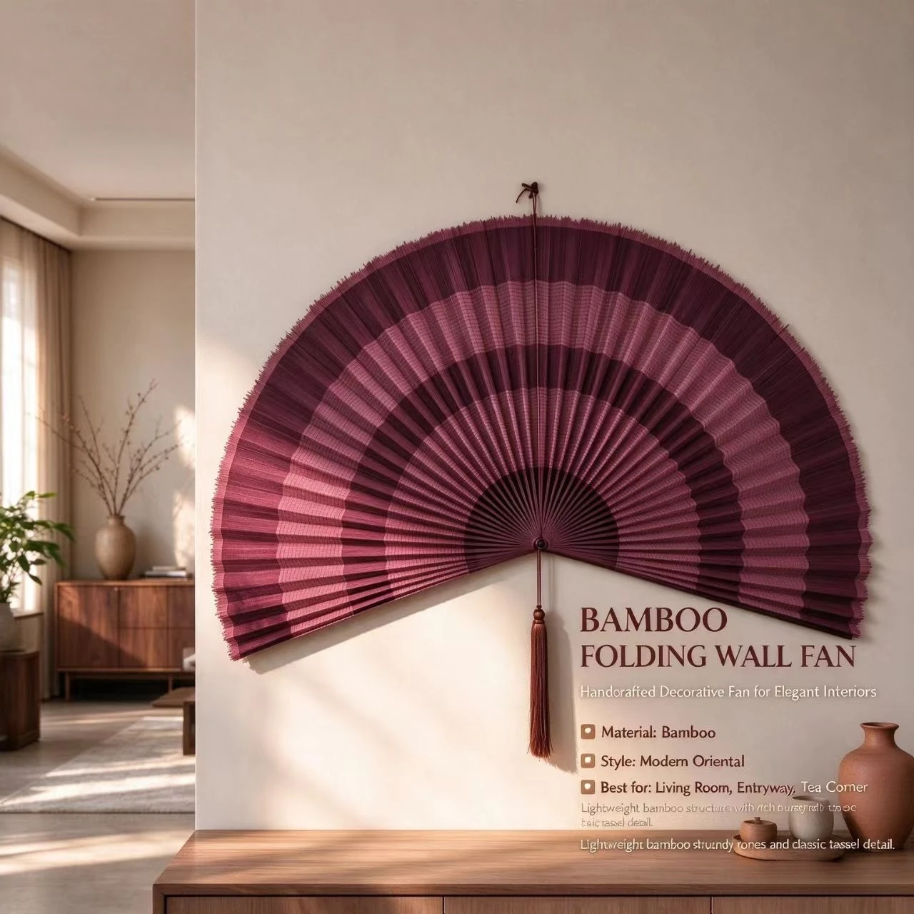 Handmade bamboo hanging fan with tassels, wall fan decor，suitable for decorating walls in living rooms, bedrooms, or tea houses.